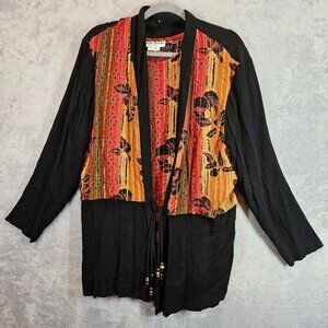 Sharon Anthony Womens L Open Front Jacket Top set Beaded Tie Floral gold retro